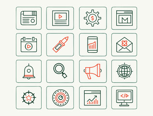 Set of 16 digital icons with green outlines and red accents on a light cream background icon set graphic design
