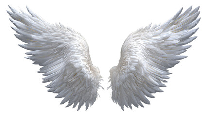 Majestic pair of large white angel wings spread open symmetrically on a transparent background isolated on transparent background