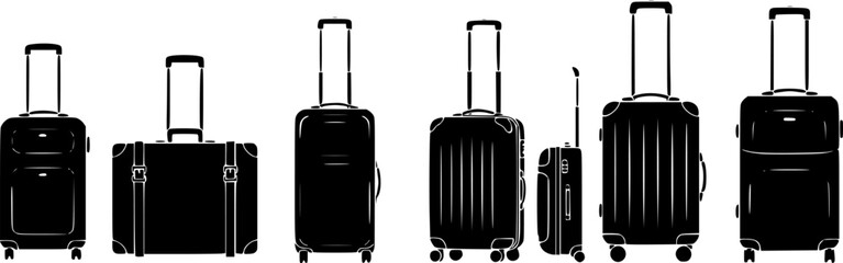 a row of various black suitcases with handles and wheels, simple vector illustration, white background

