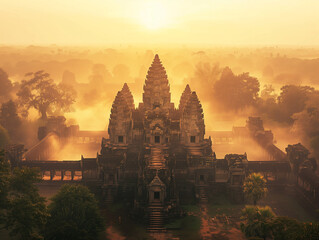 Majestic ancient temple at sunrise, atmospheric mist, cultural travel photography