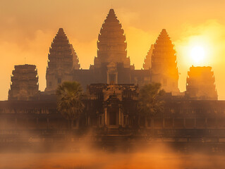Majestic ancient temple at sunrise, atmospheric mist, cultural travel photography