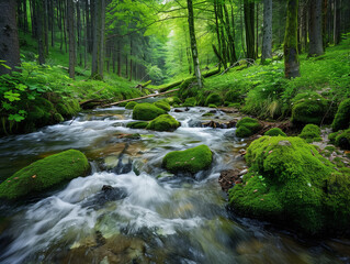 Obraz premium Mountain stream running through forest, moss-covered rocks, tranquil atmosphere