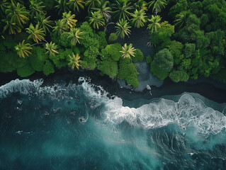 Volcanic island with black sand beach, tropical greenery, cinematic drone shot
