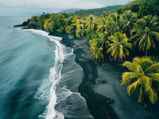 Volcanic island with black sand beach, tropical greenery, cinematic drone shot