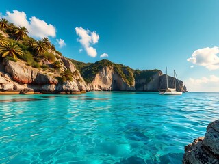 Obraz premium Ultra HD 4K image of a crystal-clear blue lagoon surrounded by rocky cliffs and lush green foliage, capturing pristine nature, tranquil water, and vibrant summer landscape in vivid high resolution 
