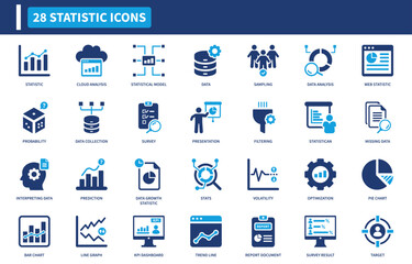 Statistics icon set. Containing growth chart, cloud analytics, data storage, presentation, pie chart, and magnifying glass icons. Flat icon collection.