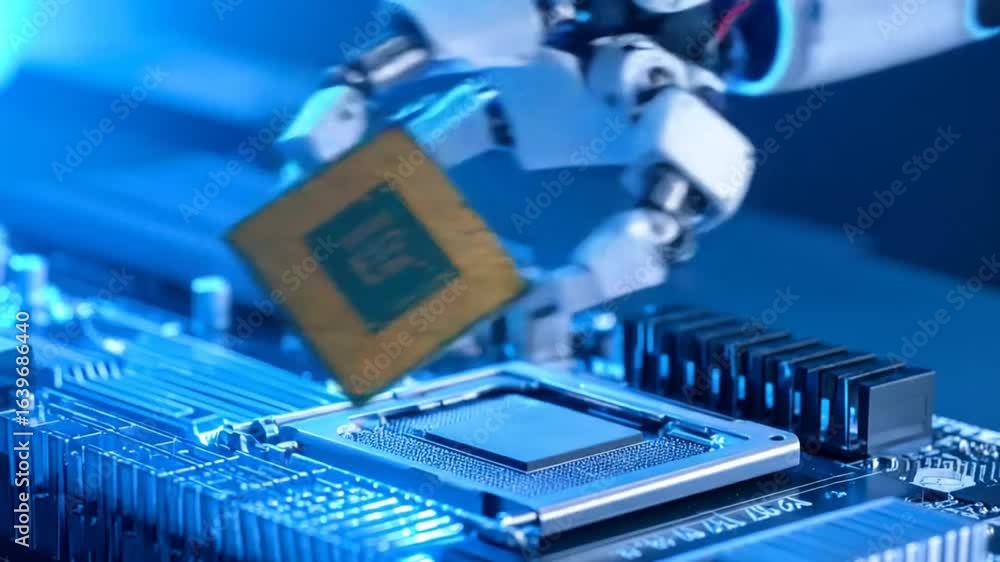 Aufkleber robotic arm installing a microchip on a circuit board, depicting automation and technology