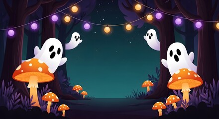 Naklejka premium Cute Ghosts in Mystical Forest with Glowing Mushrooms and String Lights for Halloween or Halloween-themed Decorations