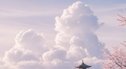 Serene Sky with Fluffy White Clouds and Cherry Blossom Tree in Bloom in Soft Pastel Colors