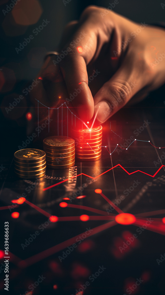 Poster hand stacking golden coins on a table with red graph lines overlaying it all