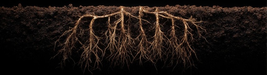 Intricate network of plant roots spreading through dark, rich soil, showcasing nature's underground complexity and growth.