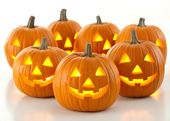 A group of jack o lanterns with carved faces and glowing lights on a white background surface