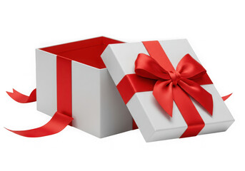 White gift box with red ribbon and bow isolated on transparent background