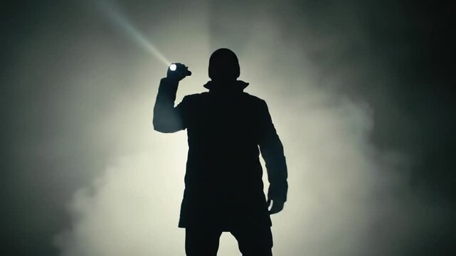 A silhouetted figure, illuminated by a bright light, stands with their arm raised against a hazy, atmospheric background.