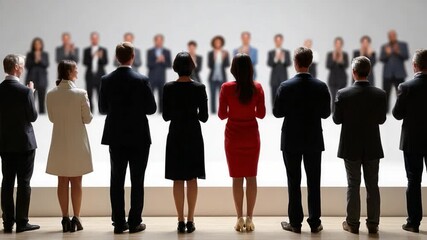 Business Meeting Acknowledgment: Capturing the essence of unity, a collective group of professionals, meticulously dressed, applaud in unison.