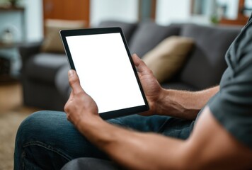 A person is holding a digital tablet with a blank white screen, likely using it for browsing the internet or reading, while seated indoors with soft lighting.