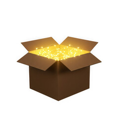 Open cardboard box filled with glowing yellow lights isolated on transparent background