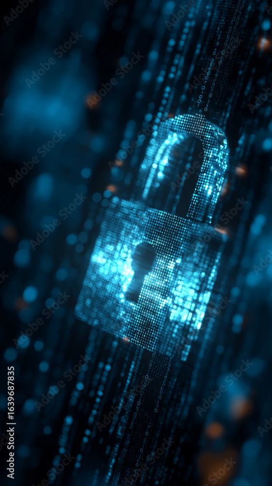 Poster a glowing blue digital padlock with binary code on a dark blue background