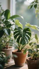 Obraz premium Monstera Plant in Clay Pot by Sunny Window