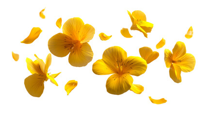 Scattered yellow flower petals and blossoms floating against a clean, white background