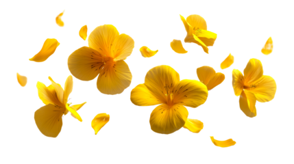 Scattered yellow flower petals and blossoms floating against a clean, white background