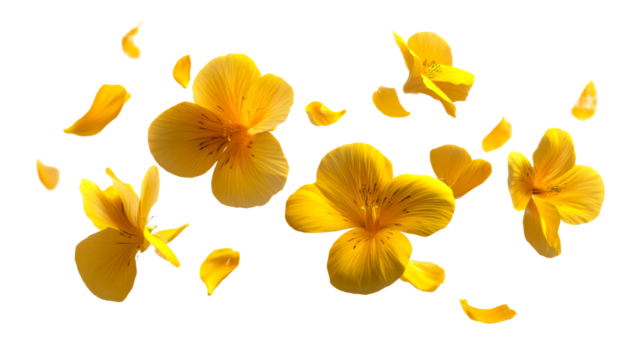 Scattered yellow flower petals and blossoms floating against a clean, white background