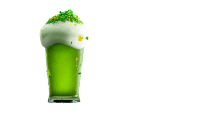 Festive green beverage topped with foam and scattered clover and confetti