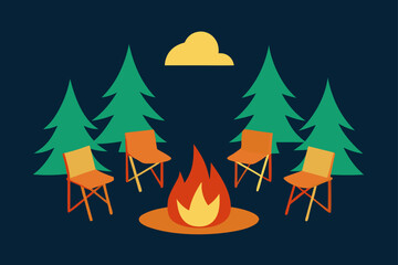 camping chairs around warm fire in forest clearing
