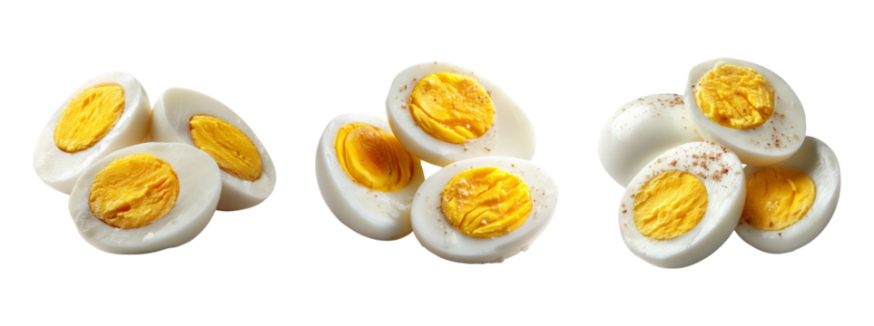 Boiled Eggs Arrangement with Vibrant Yellow Yolks on White Background