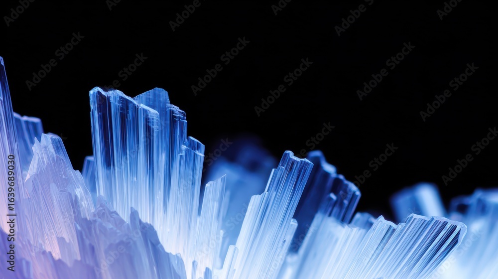 Poster stunning close-up of crystalline structures with sharp edges, glowing softly against a dark backgrou