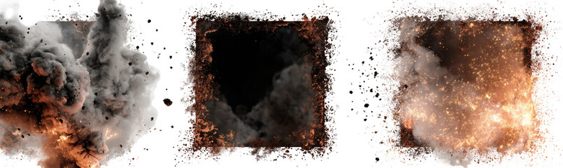 Explosions, smoke, and fire in three separate frames