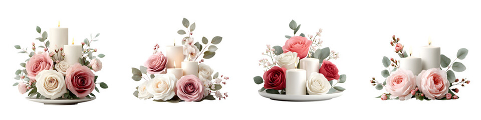 Romantic Candle Centerpieces with Roses and Greenery on White