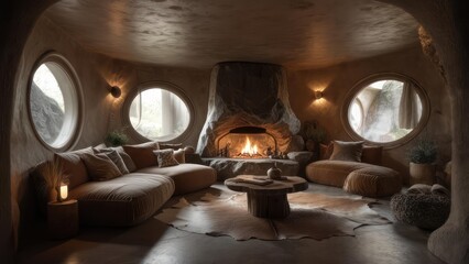 Cozy, circular living room with fireplace