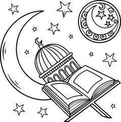 Vintage fantasy book open to a magic starry night illustration