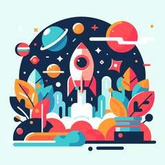 Colorful rocket launching amidst planets and foliage in space scene  