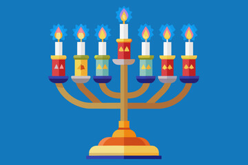 Colorful hanukkah menorah with eight lit candles and a shamash