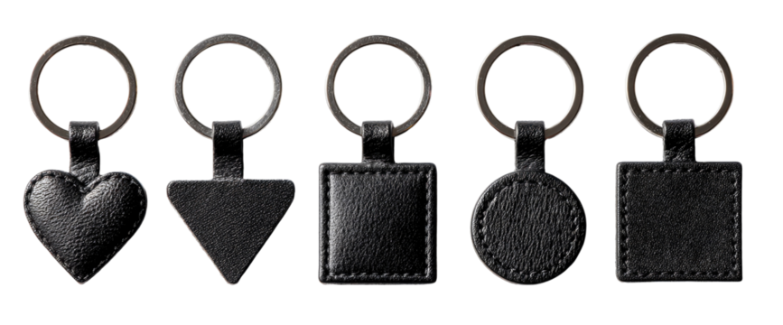 Five black leather keychains with various shapes