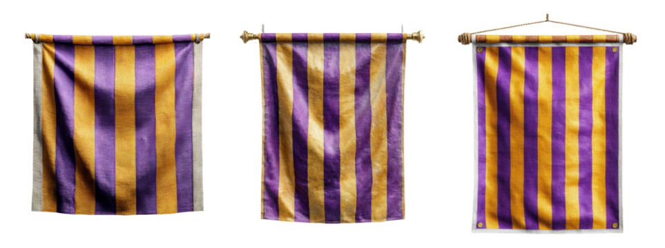 Purple and Gold Striped Fabric Displayed on a Wooden Rod