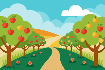 watercolor apple orchard in full bloom sunny