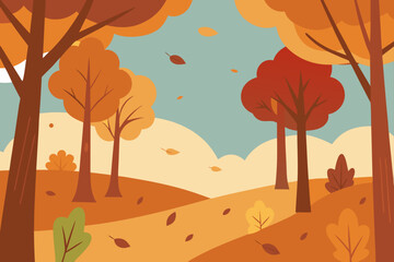 watercolor autumn forest with falling leaves golden