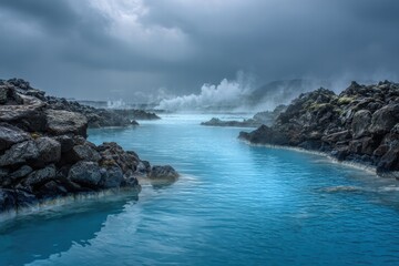 Obraz premium Steaming Turquoise Geothermal Pool Surrounded by Rocky Formations Under Cloudy Sky 
