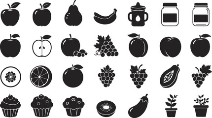 Fruit icons set, apple pear banana, grapes orange kiwi, cupcake jar, plant pot, vector fruit illustration, healthy food, fresh fruit, nature icons, clipart collection