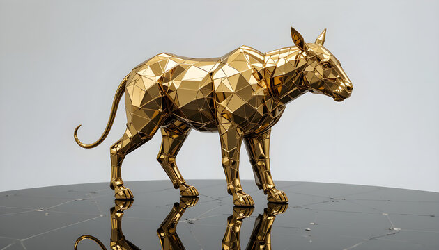 Gold Polygonal Animal Sculpture on Dark Reflective Surface