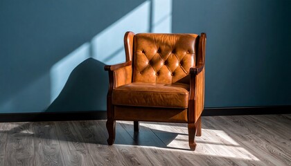 Brown leather armchair in room with sunlight
