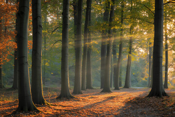 Fototapeta premium Photo of golden sunlight streaming through the trees in a tranquil autumn forest, creating a peaceful and vibrant landscape with a path leading into the woods