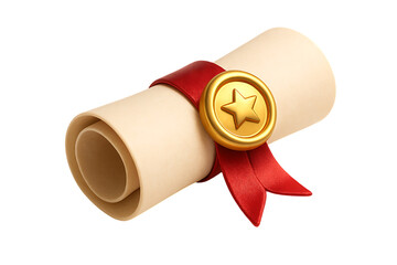 Rolled diploma or certificate scroll with a red ribbon and a golden star seal, a 3D icon for graduation, achievement, and education, isolated on a transparent background.