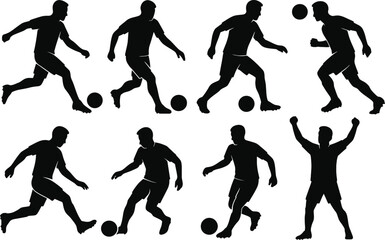 football player silhouette, soccer player vector, kicking ball icon, dribbling football EPS, passing player design, heading football vector,