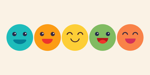 Row of colorful happy cartoon faces showing different smiles