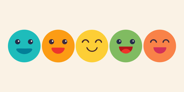 Row of colorful happy cartoon faces showing different smiles