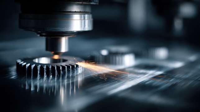 Close-up of a precision metal cutting machine in action with sparks flying in an industrial workshop setting.